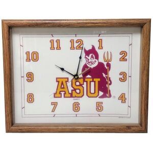 Vintage 70s Arizona Sun Devils ASU Wood Framed Glass Quartz Wall Clock 14" X 11"